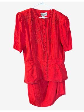L.G. Star Red Embroidered Long Peplum Top Skirt Set Size 16 Vintage 80s 90s